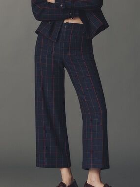 Anthropologie COLETTE Cropped Wide-Leg Knit Pants Maeve NEW 28 Blue Plaid